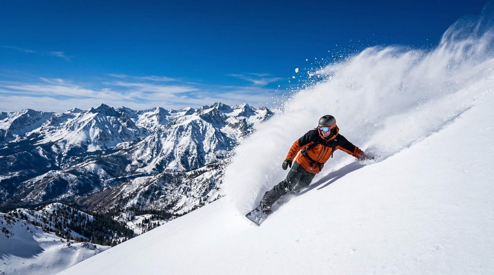 Snowboarder carving deep powder in the mountains